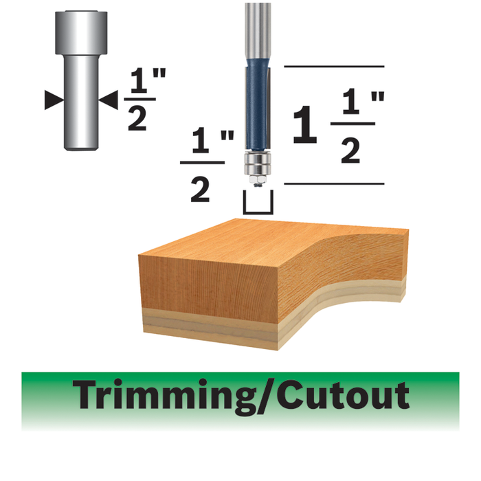 Bosch 85601MC 1/2 In. x 1-1/2 In. Carbide-Tipped Double-Flute Template Trim Router Bit