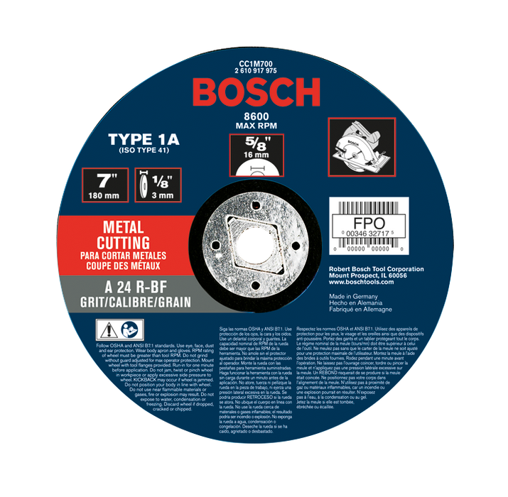 Bosch CC1M700 7 In. x 1/8 In. 7/8 In. Arbor Type 1A (ISO 41) 24 Grit Metal Cutting Grinding Wheel