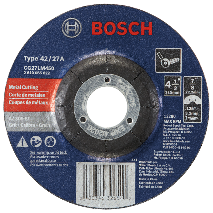 Bosch CG27LM450 4-1/2 In. 1/8 In. 7/8 In. Arbor Type 27 30 Grit Long-Life Grinding/Metal Cutting Abrasive Wheel