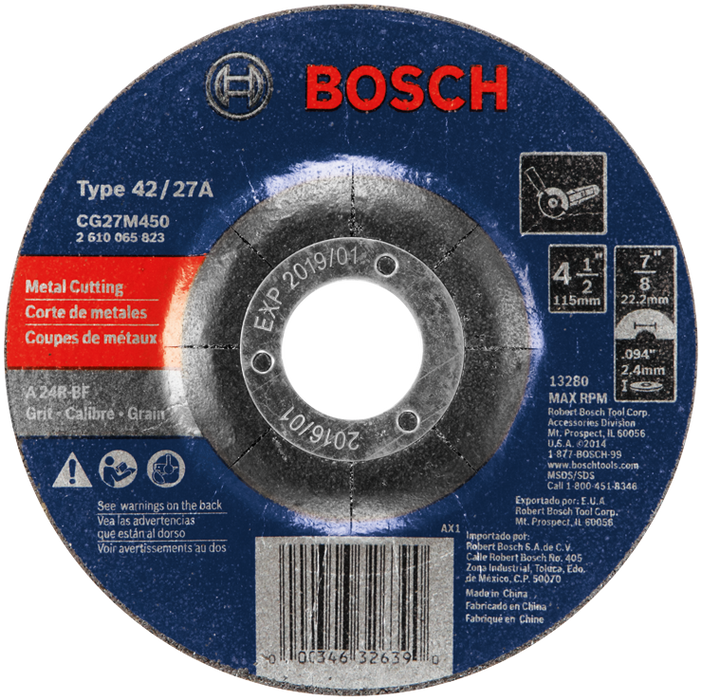 Bosch CG27M450 4-1/2 In. 3/32 In. 7/8 In. Arbor Type 27 24 Grit Light Grinding/Metal Cutting Abrasive Wheel