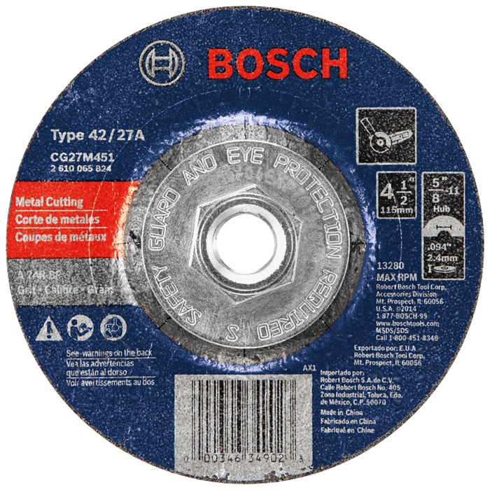 Bosch CG27M451 4-1/2 In. 3/32 In. 5/8-11 In. Arbor Type 27 24 Grit Light Grinding/Metal Cutting Abrasive Wheel