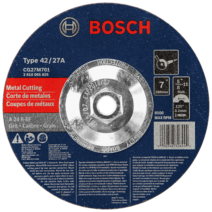 Bosch CG27M701 7 In. 1/8 In. 5/8-11 In. Arbor Type 27 24 Grit Light Grinding/Metal Cutting Abrasive Wheel