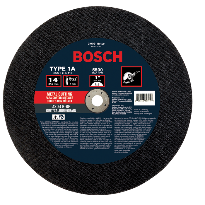 Bosch CWPS1M1400 14 In. 5/32 In. 1 In. Arbor Type 1A (ISO 41) 24 Grit Metal Cutting Bonded Abrasive Wheel