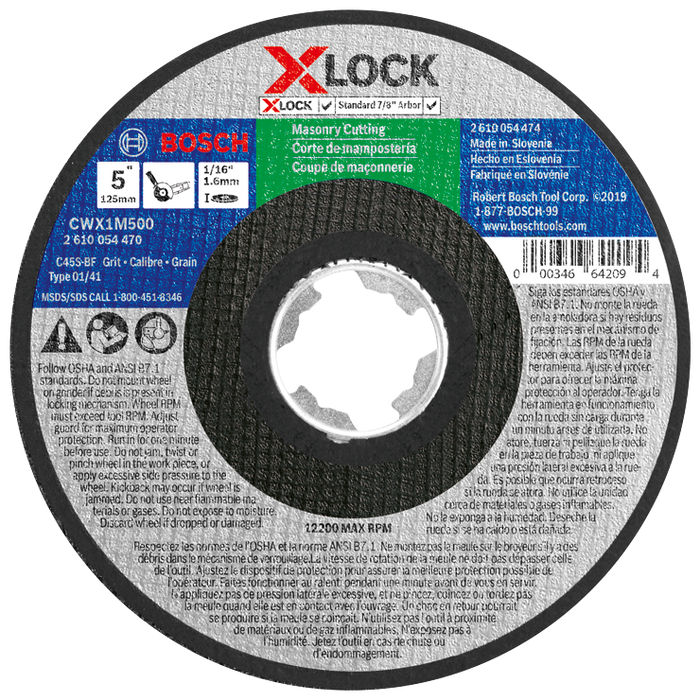 Bosch CWX1M500 5 In. x 1/16 In. X-LOCK Arbor Type 1A (ISO 41) 24 Grit Masonry Cutting Abrasive Wheel