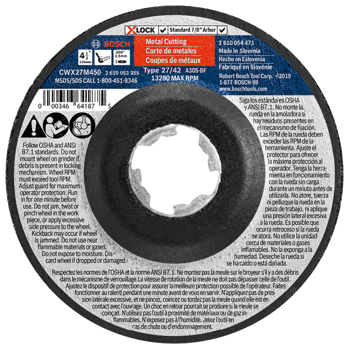 Bosch CWX27M450 4-1/2 In. x .098 In. X-LOCK Arbor Type 27A (ISO 42) 30 Grit Metal Cutting and Grinding Abrasive Wheel