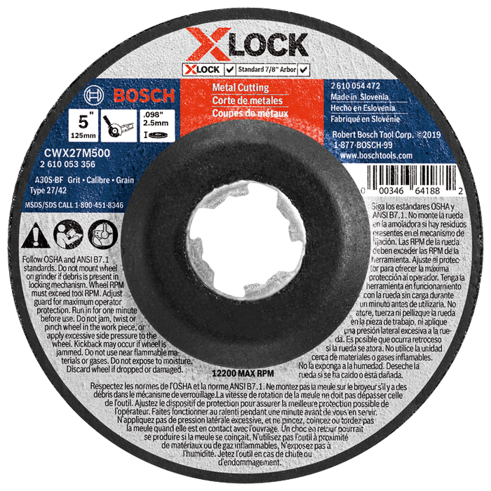 Bosch CWX27M500 5 In. x .098 In. X-LOCK Arbor Type 27A (ISO 42) 30 Grit Metal Cutting and Grinding Abrasive Wheel