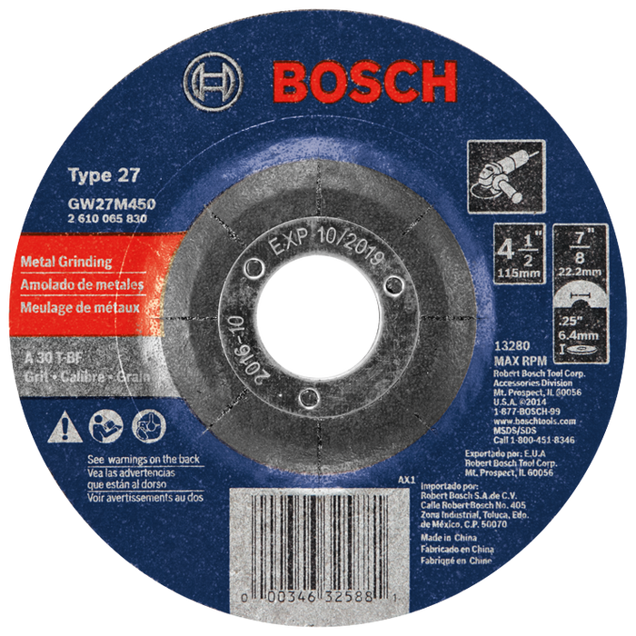 Bosch GW27M450 4-1/2 In. 1/4 In. 7/8 In. Arbor Type 27 30 Grit Grinding Abrasive Wheel