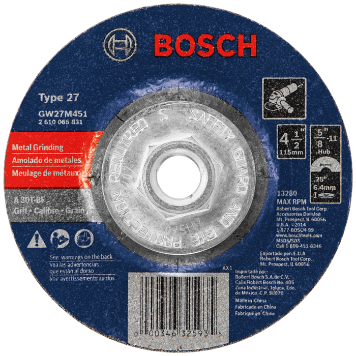 Bosch GW27M451 4-1/2 In. 1/4 In. 5/8-11 In. Arbor Type 27 30 Grit Grinding Abrasive Wheel