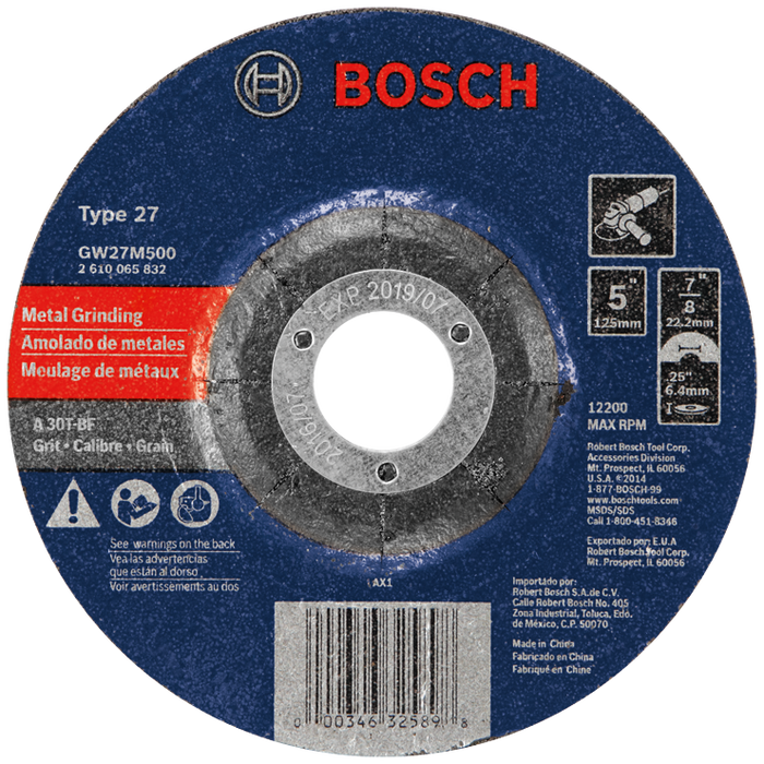 Bosch GW27M500 5 In. 1/4 In. 7/8 - 11 In. Arbor Type 27 30 Grit Grinding Abrasive Wheel