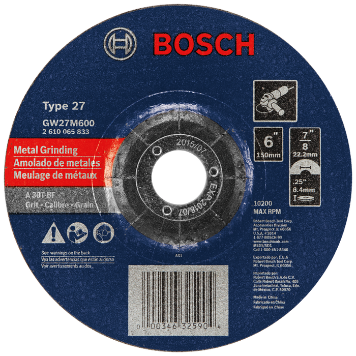 Bosch GW27M600 6 In. 1/4 In. 7/8 - 11 In. Arbor Type 27 30 Grit Grinding Abrasive Wheel