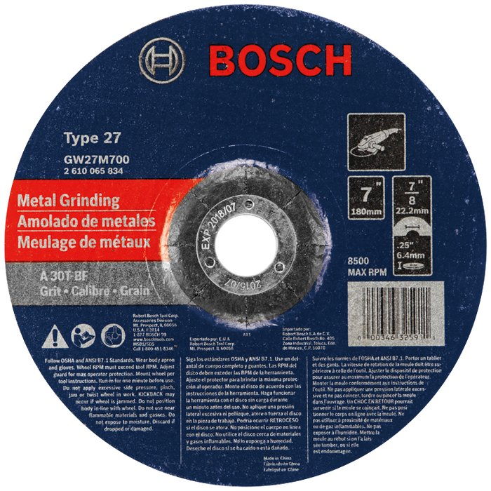 Bosch GW27M700 7 In. 1/4 In. 7/8 In. Arbor Type 27 30 Grit Grinding Abrasive Wheel