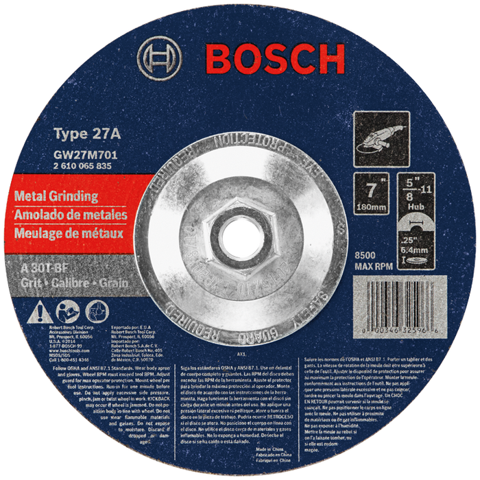 Bosch GW27M701 7 In. 1/4 In. 5/8-11 In. Arbor Type 27 30 Grit Grinding Abrasive Wheel