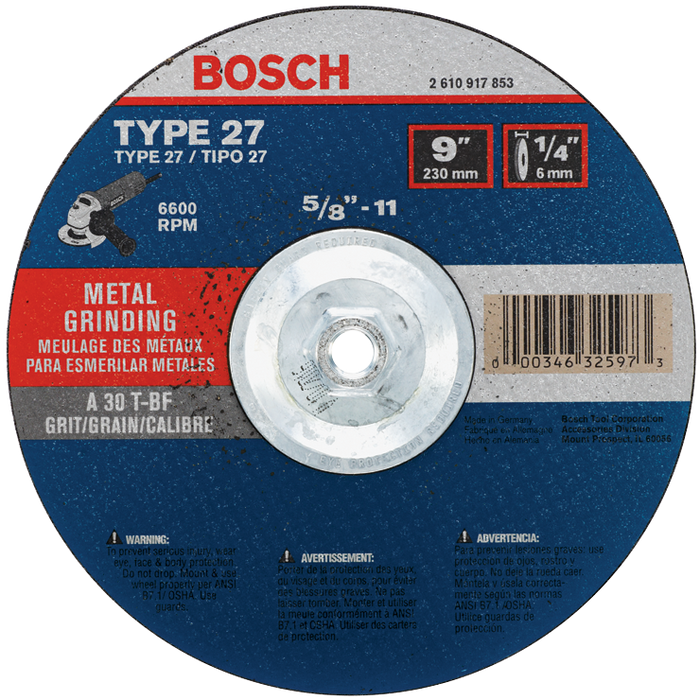 Bosch GW27M901 9 In. 1/4 In. 5/8-11 In. Arbor Type 27 30 Grit Grinding Abrasive Wheel