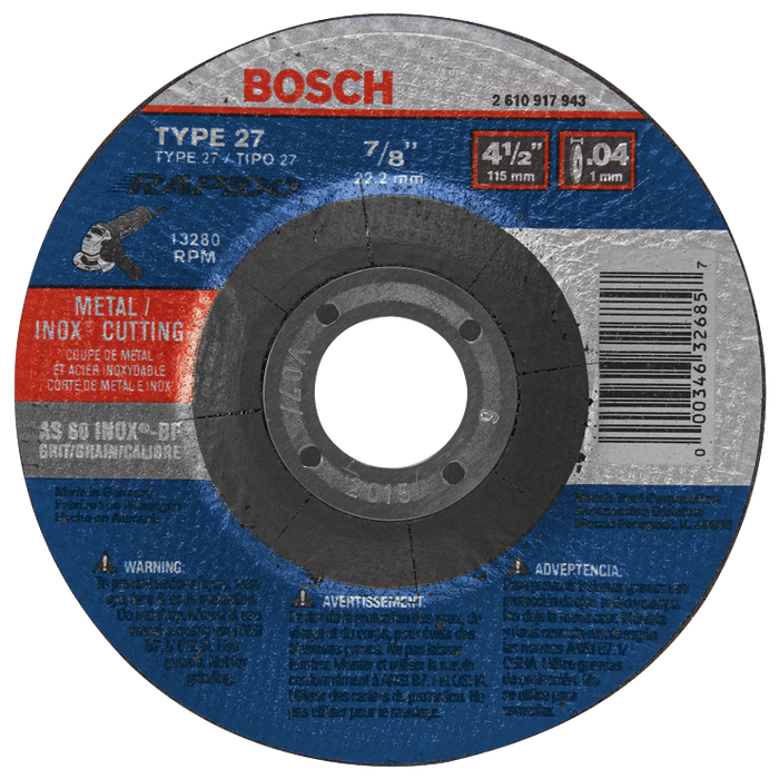 Bosch TCW27S450 4-1/2 In. .045 In. 7/8 In. Arbor Type 27A (ISO 42) 60 Grit Rapido Fast Fast Metal/Stainless Cutting Abrasive Wheel