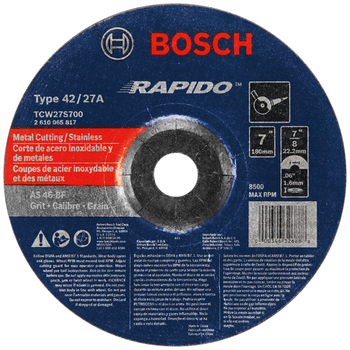 Bosch TCW27S700 7 In. 1/16 In. 7/8 In. Arbor Type 27A (ISO 42) 46 Grit Rapido Fast Metal/Stainless Cutting Abrasive Wheel