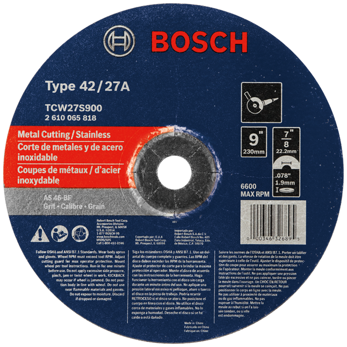 Bosch TCW27S900 9 In. 5/64 In. 7/8 In. Arbor Type 27A (ISO 42) 46 Grit Rapido Fast Metal/Stainless Cutting Abrasive Wheel