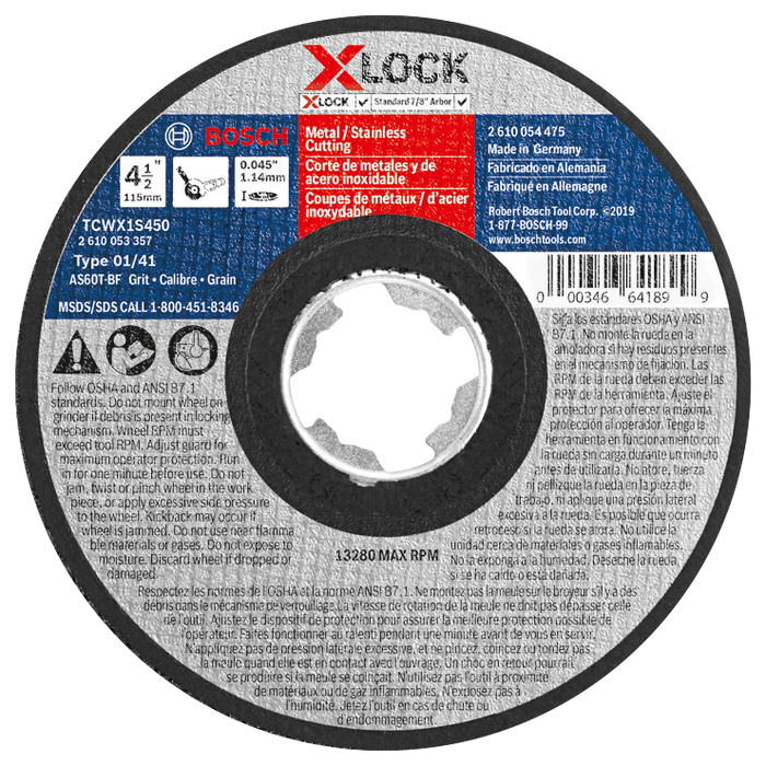 Bosch TCWX1S450 4-1/2 In. x .045 In. X-LOCK Arbor Type 1A (ISO 41) 60 Grit Fast Metal/Stainless Cutting Abrasive Wheel