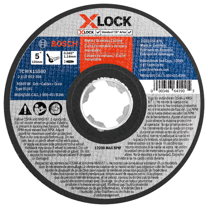 Bosch TCWX1S500 5 In. x .045 In. X-LOCK Arbor Type 1A (ISO 41) 60 Grit Fast Metal/Stainless Cutting Abrasive Wheel