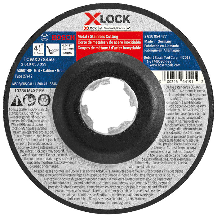 Bosch TCWX27S450 4-1/2 In. x 0.045 In. X-LOCK Arbor Type 27A (ISO 42) 60 Grit Fast Metal/Stainless Cutting Abrasive Wheel