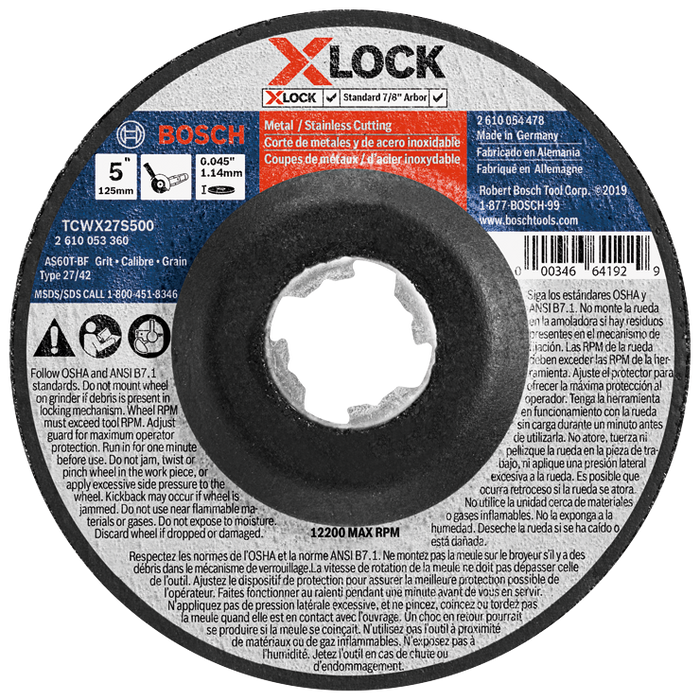 Bosch TCWX27S500 5 In. x .045 In. X-LOCK Arbor Type 27A (ISO 42) 60 Grit Fast Metal/Stainless Cutting Abrasive Wheel