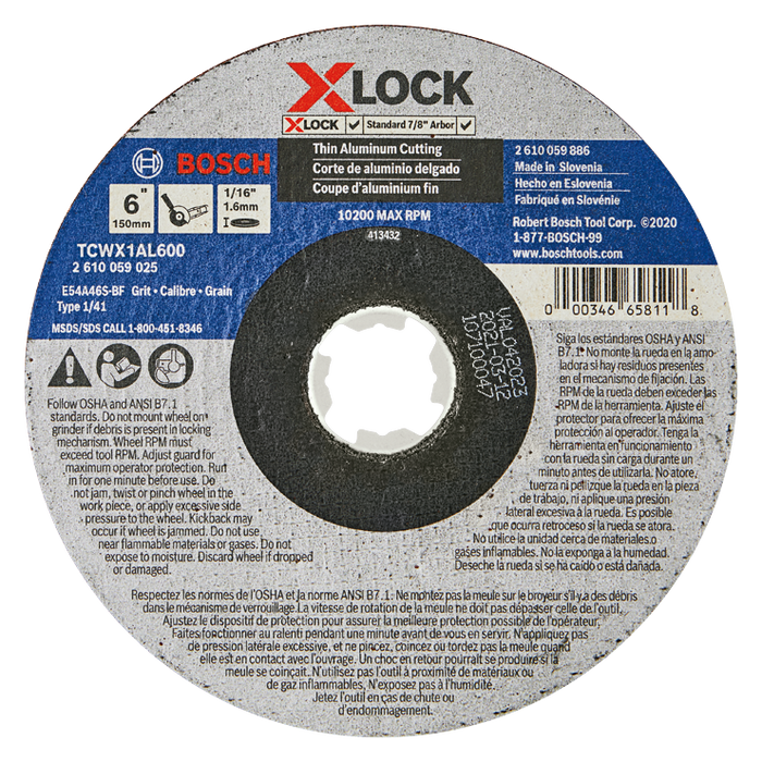 Bosch TCWX1AL600 6 In. x 1/16 In. X-LOCK Arbor Type1A (ISO 41) 46 Grit Metal Cutting Abrasive Wheel