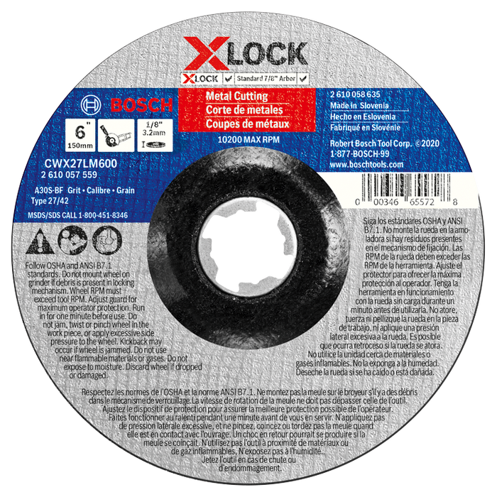 Bosch CWX27LM600 6 In. x 1/8 In. X-LOCK Arbor Type 27A (ISO 42) 30 Grit Metal Cutting and Grinding Abrasive Wheel