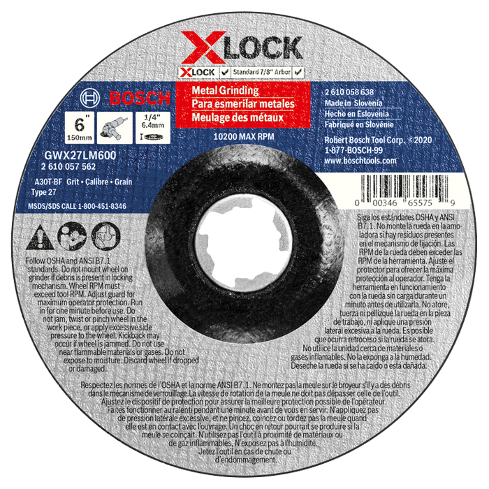 Bosch GWX27LM600 6 In. x 1/4 In. X-LOCK Arbor Type 27 30 Grit Metal Grinding Abrasive Wheel