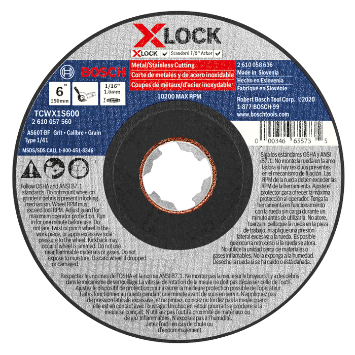 Bosch TCWX1S600 6 In. x 1/16 In. X-LOCK Arbor Type 1A (ISO 41) 60 Grit Fast Metal/Stainless Cutting Abrasive Wheel